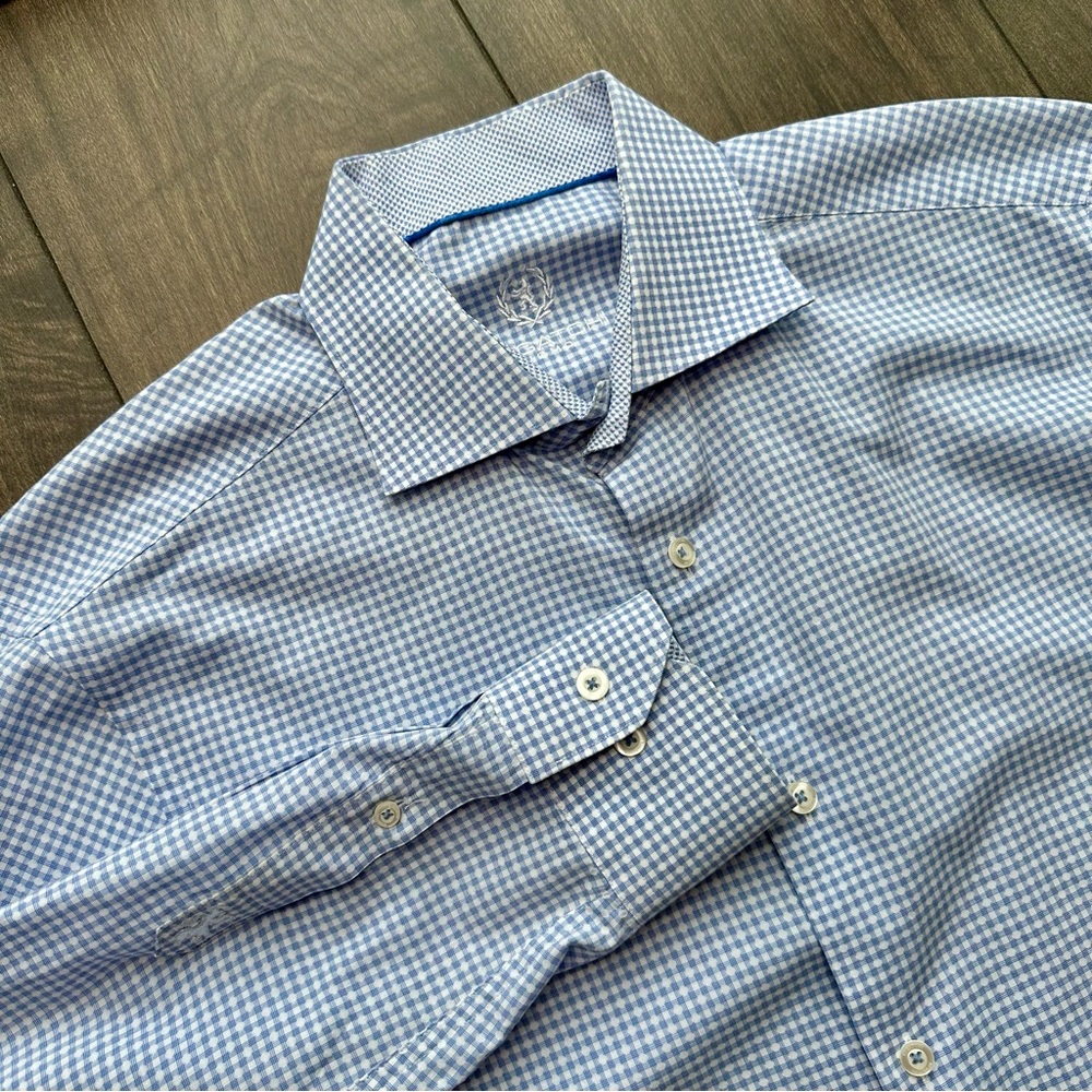 Bugatchi Uomo Button Down - Size: 16 34/35 - Blue White Gingham Dress Shirt